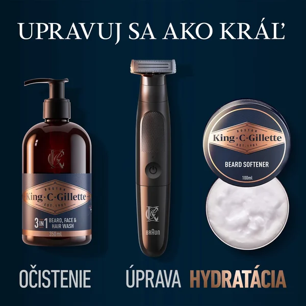 Gillette King C. darčeková sada s cestovnou taškou + 3v1 šampónom na vlasy, bradu a tvár 350 ml + zmäkčovač brady 100 ml 1 set