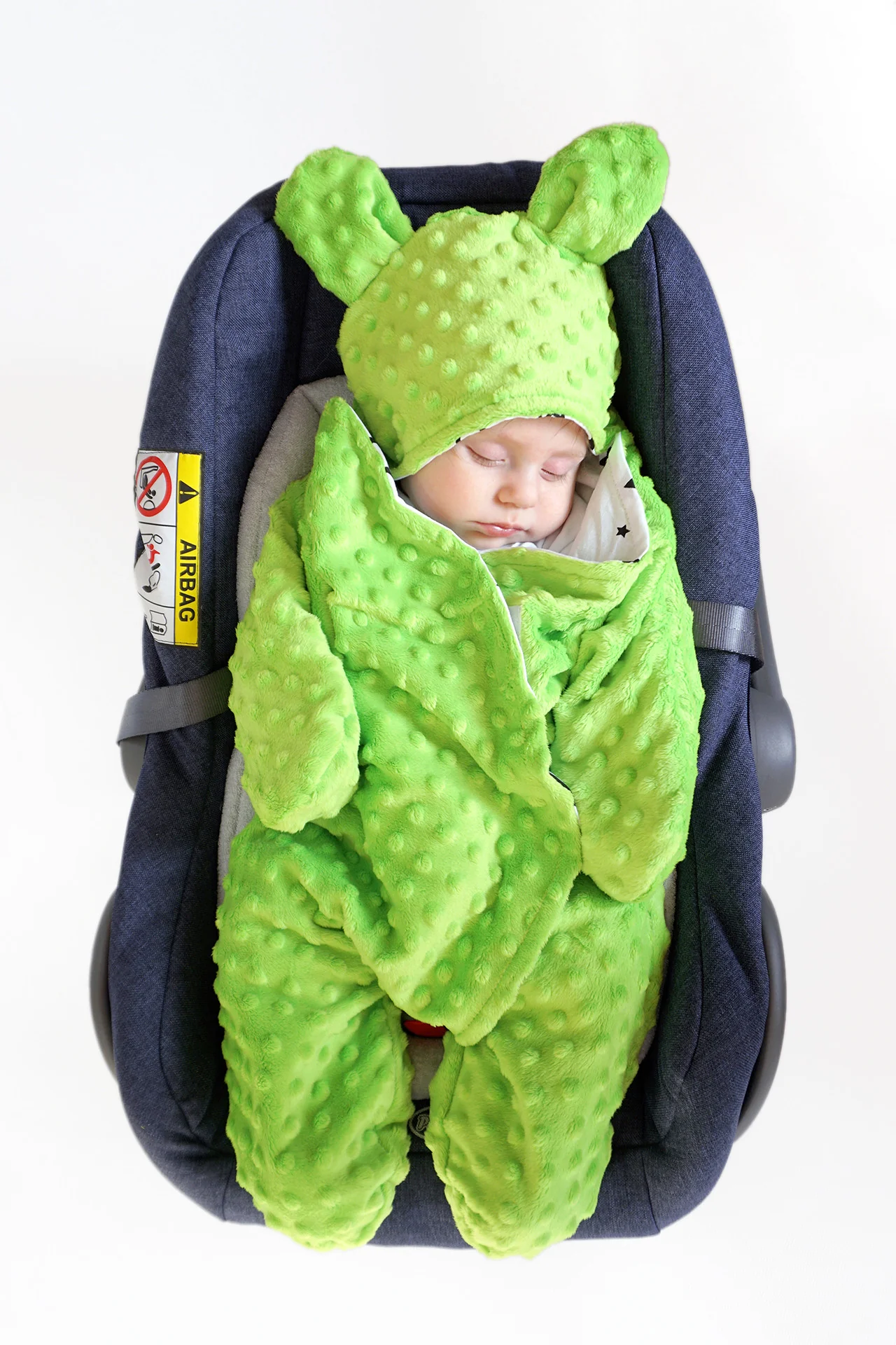 Baby Nellys Fusak, spacáček do autosedačky alebo kočíka s uškami, Minky - sv. zelený