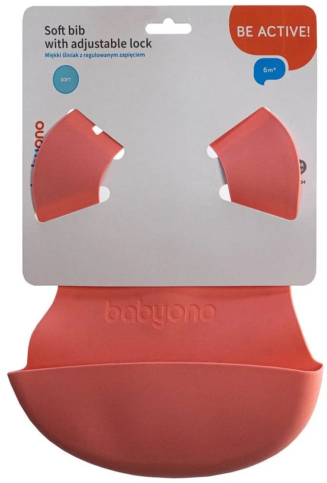 BABYONO Podbradník mäkký plastový s vreckom bez BPA pink 6m+ 1×1 ks, plastový podbradník