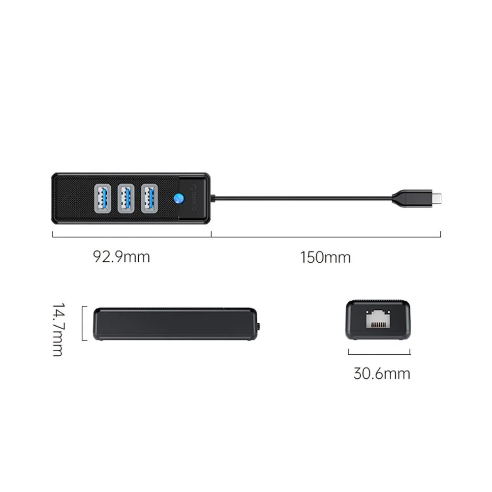 Orico PW3UR25-C3 HUB adaptér USB-C - 3x USB 3.0 / RJ45 2.5G 15cm, čierny