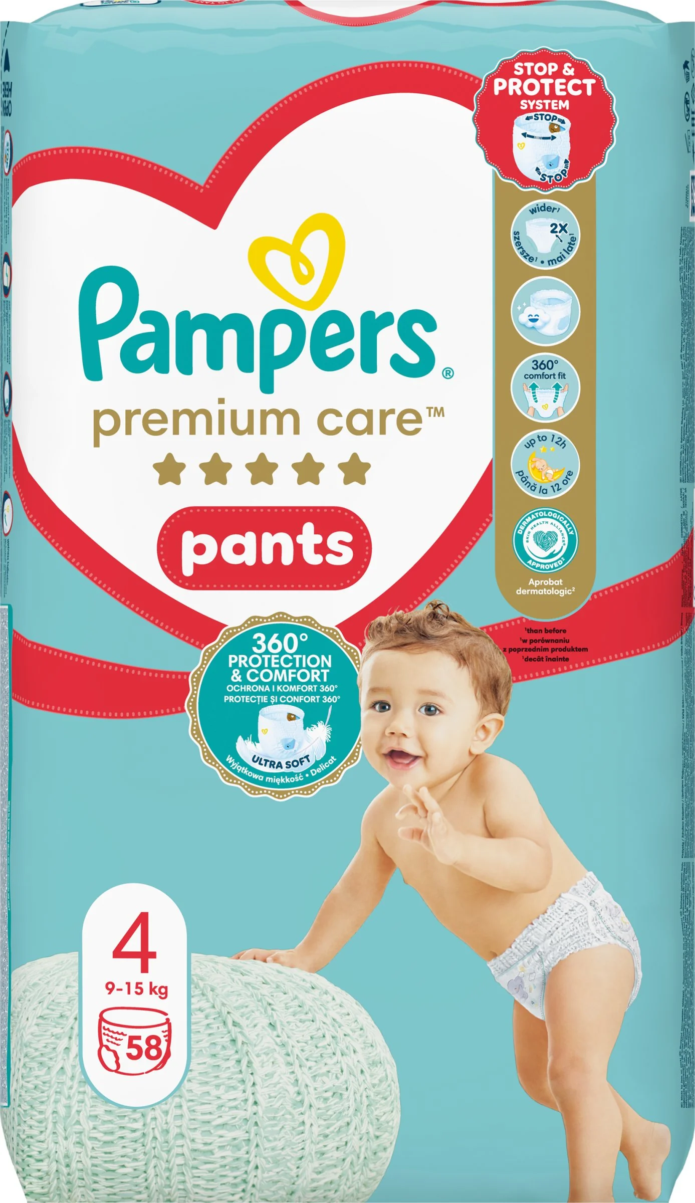 Pampers Premium Care plienkové nohavičky veľkosť 4, 58 ks, 9kg-15kg 1×58 ks, plienkové nohavičky
