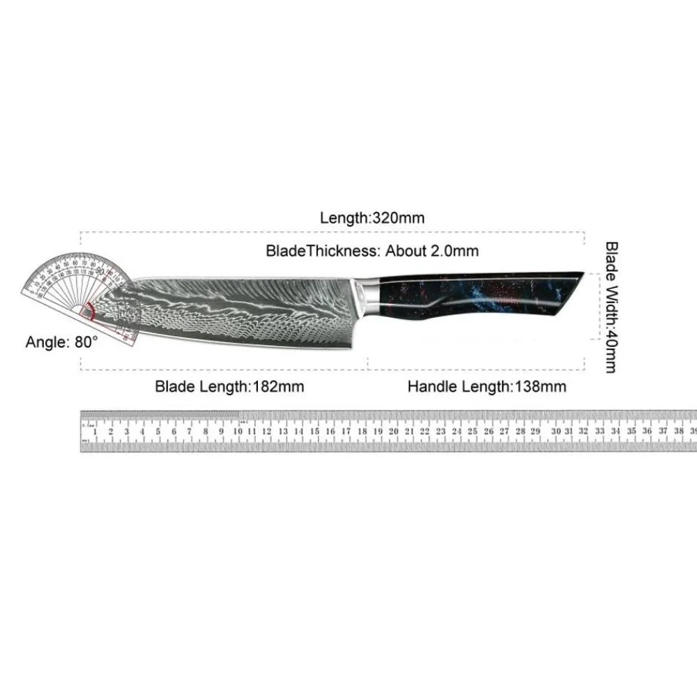 Damaškový kuchynský nôž Yoru-Santoku/Červená/Modrá 1 ks, dĺžka 320 mm