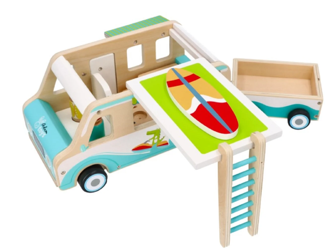 Adam Toys Drevený auto karavan s prívesom a príslušenstvom