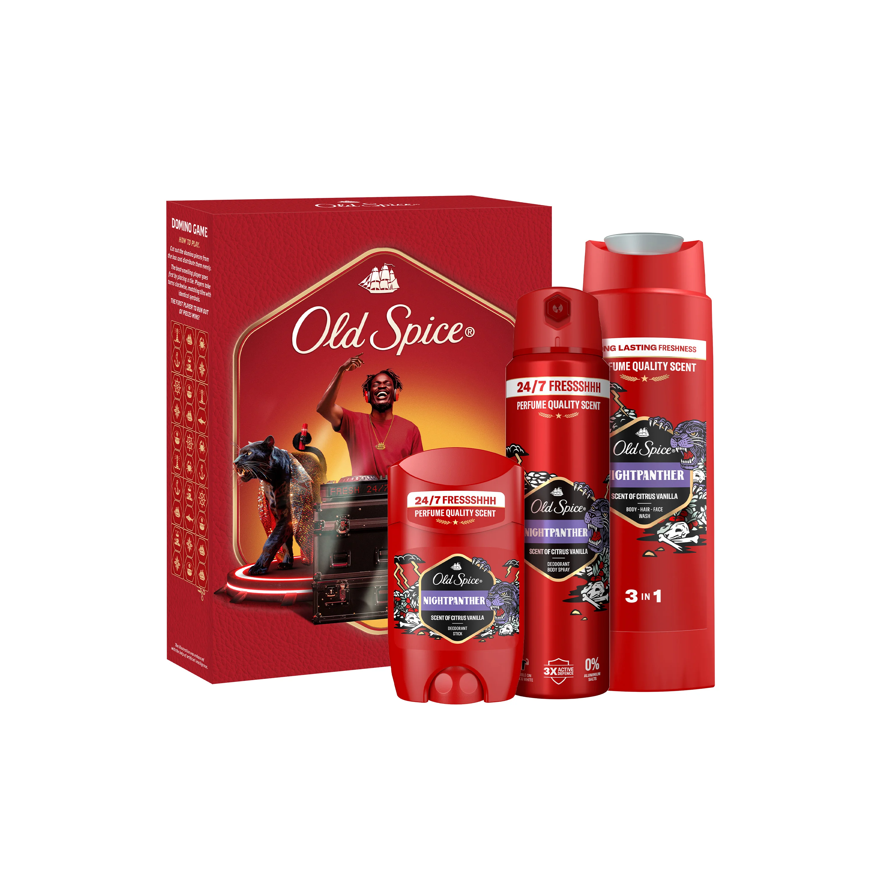 Xmass set Old Spice Night Panther DJ s dezodorantom v spreji 150ml, tuhý dezodorant 50ml a sprchový gél 250ml 1 set