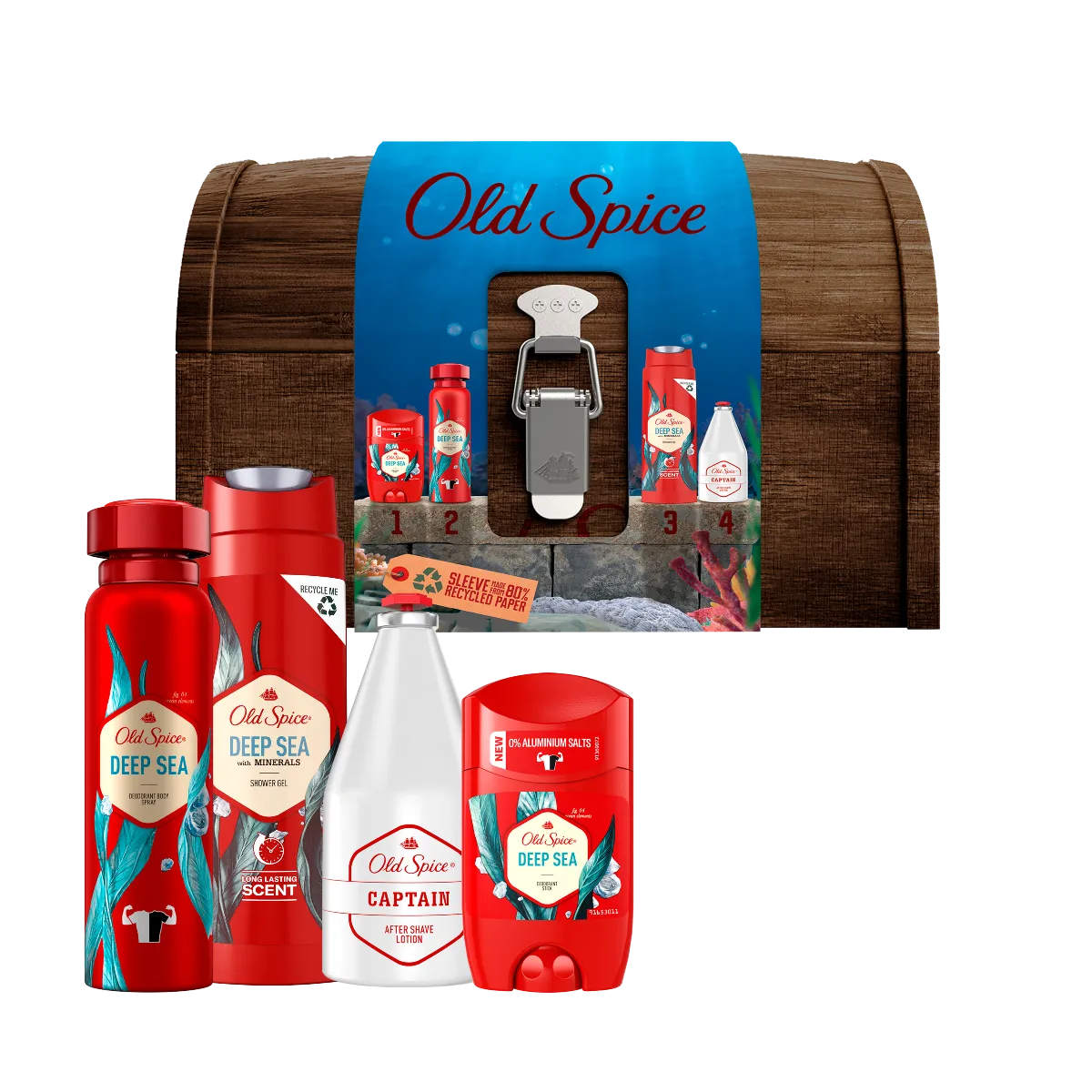 Old Spice Vianočné balenie Deep Sea 1×1 set, sprchový gél + dezodoranty + voda po holení + drevená truhlica