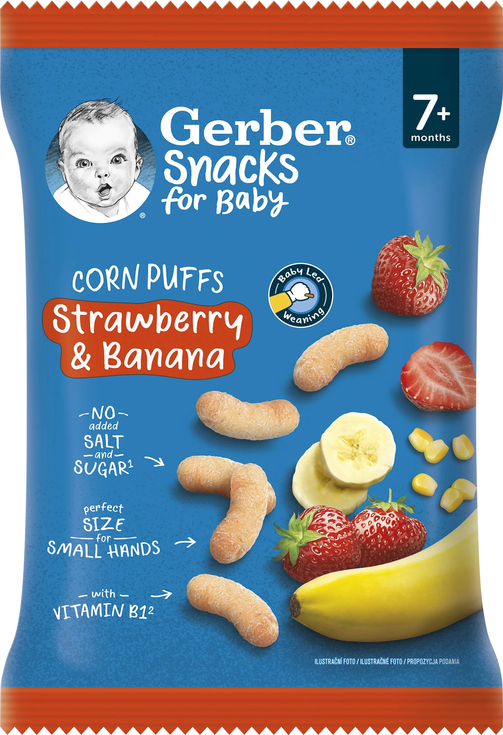 Gerber Snacks Kukuričné CHRUMKY Jahoda a banán 1×28 g, kukuričné chrumky