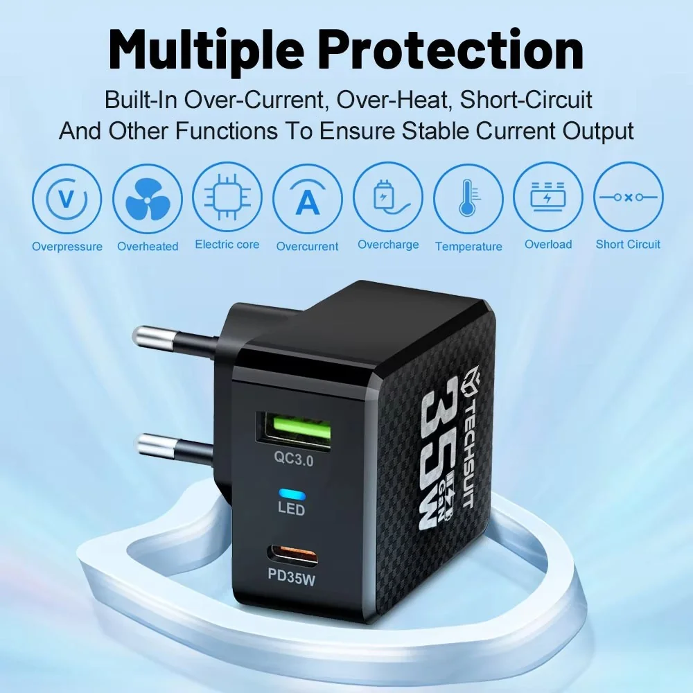 Sieťová Nabíjačka GaN, USB, Type-C, Rýchle Nabíjanie 1 x 1.75A, 1 x 18W, 48 x 42 x 60 mm