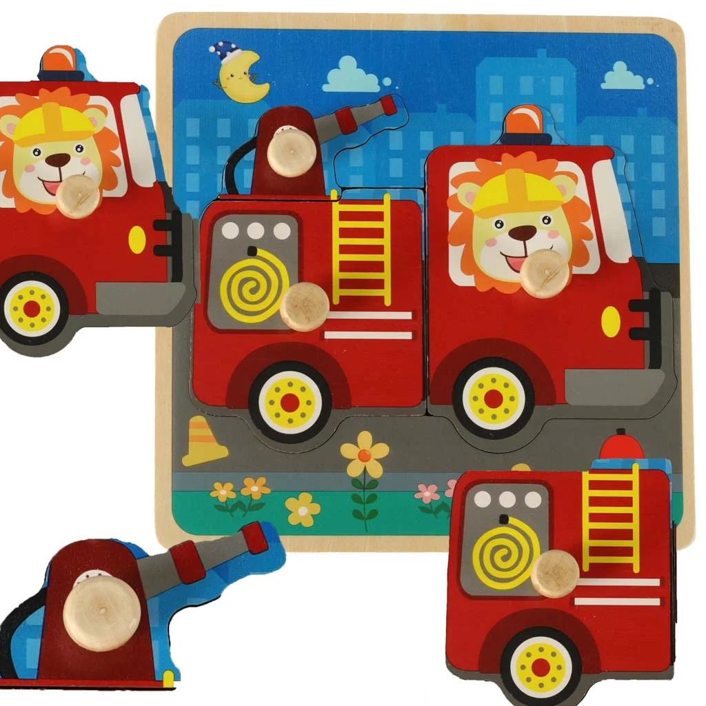 Drevené puzzle hasiči – vzdelávacia skladačka s úchytkami pre deti 