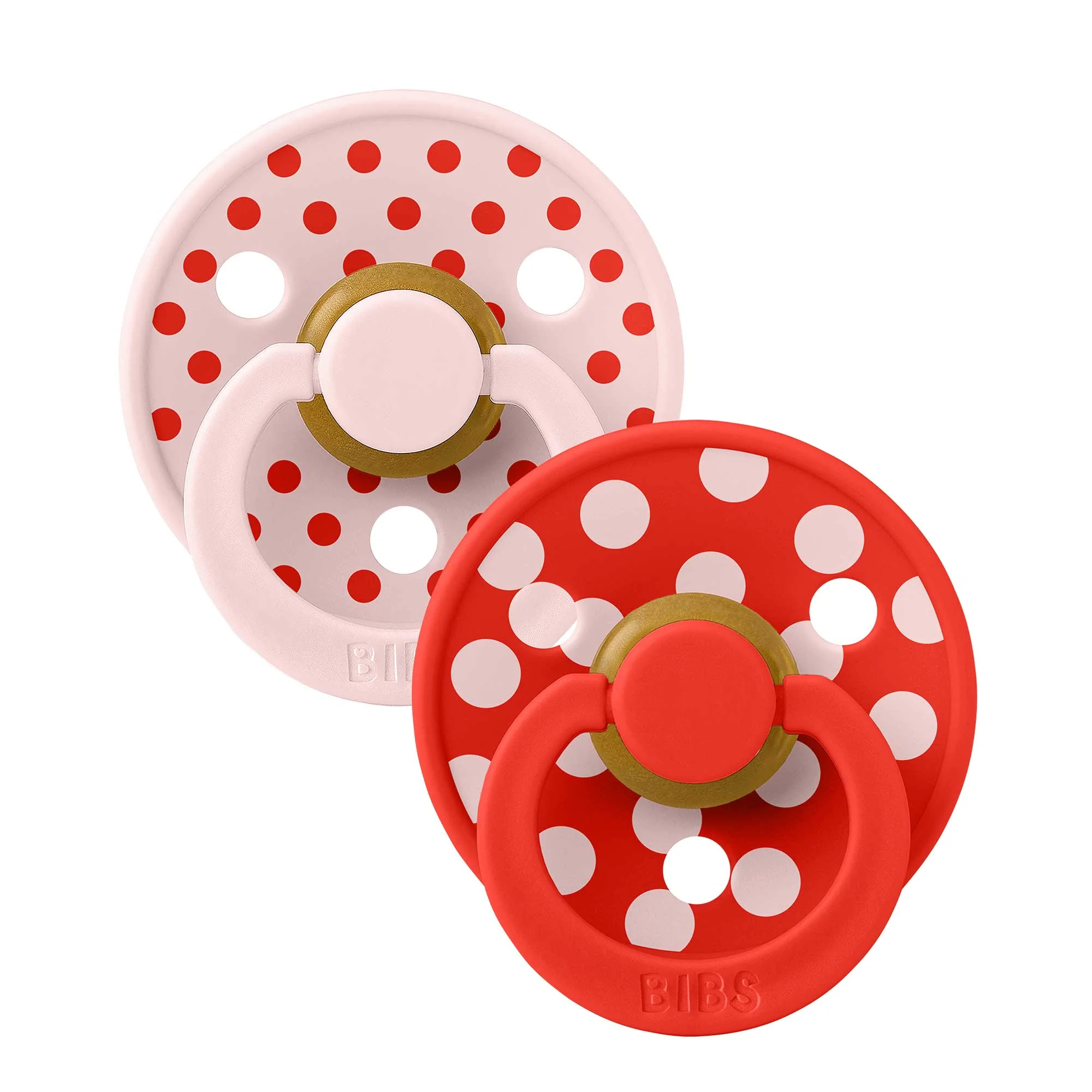 BIBS STUDIO Colour Polka cumlíky z prírodného kaučuku 2ks –  veľkosť 1 Blossom / Candy Apple