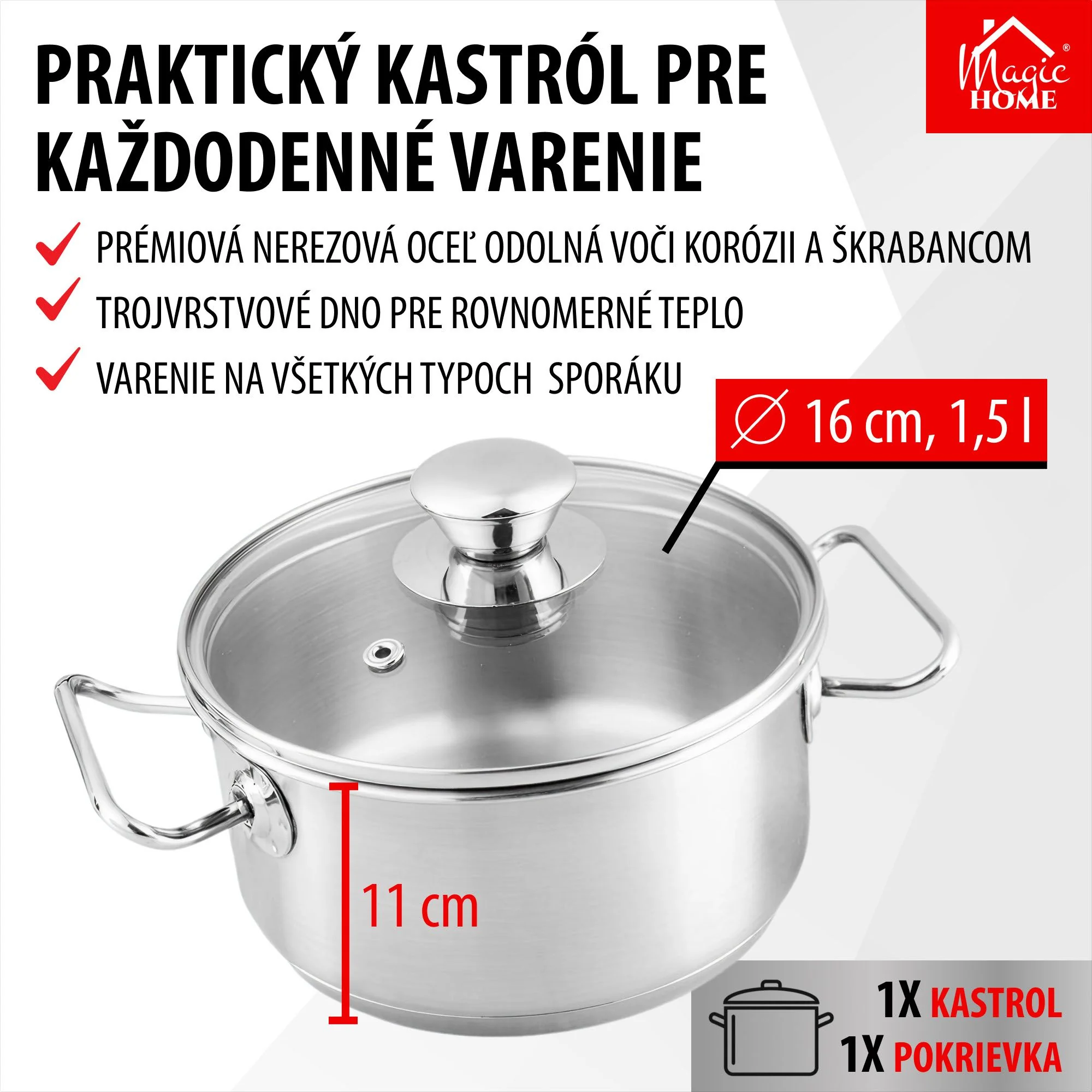 MagicHome kastról Chloe, 1 ks Hrniec, 16 cm, 1,5 l, so sklenenou pokrievkou, nerez