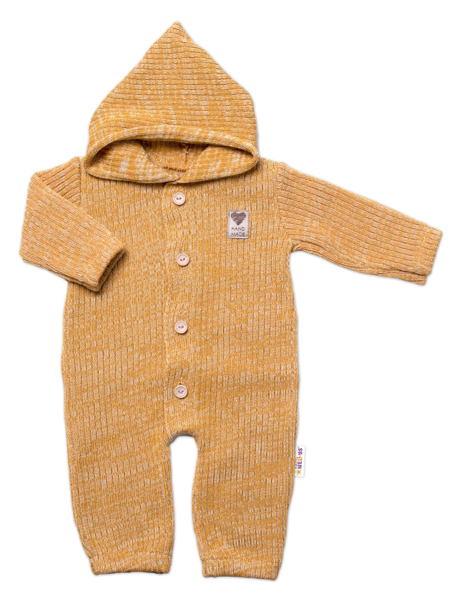 Baby Nellys Pletený overálok s kapucňou a gombíkmi Hand Made, medový žihaný, veľ. 68/74