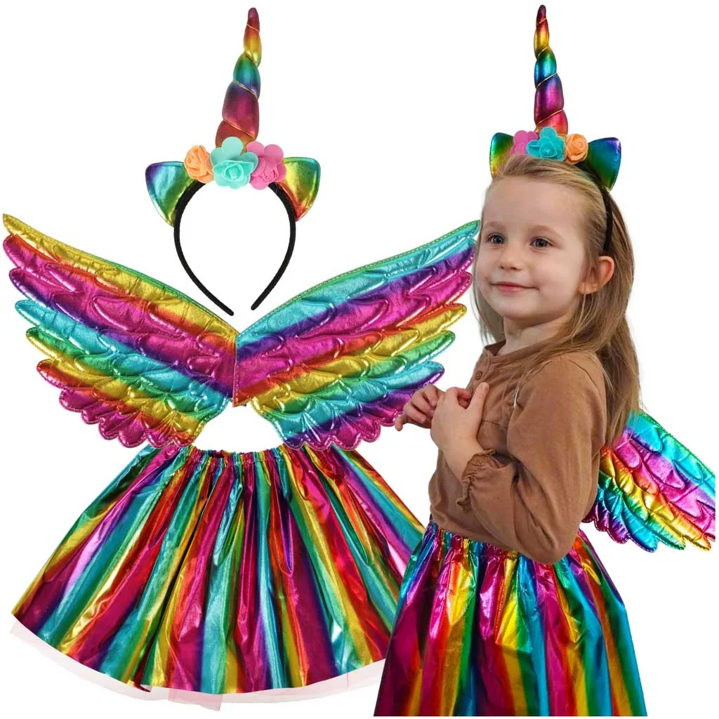 Detský kostým jednorožec – sukňa, krídla a čelenka s rohom, multicolor