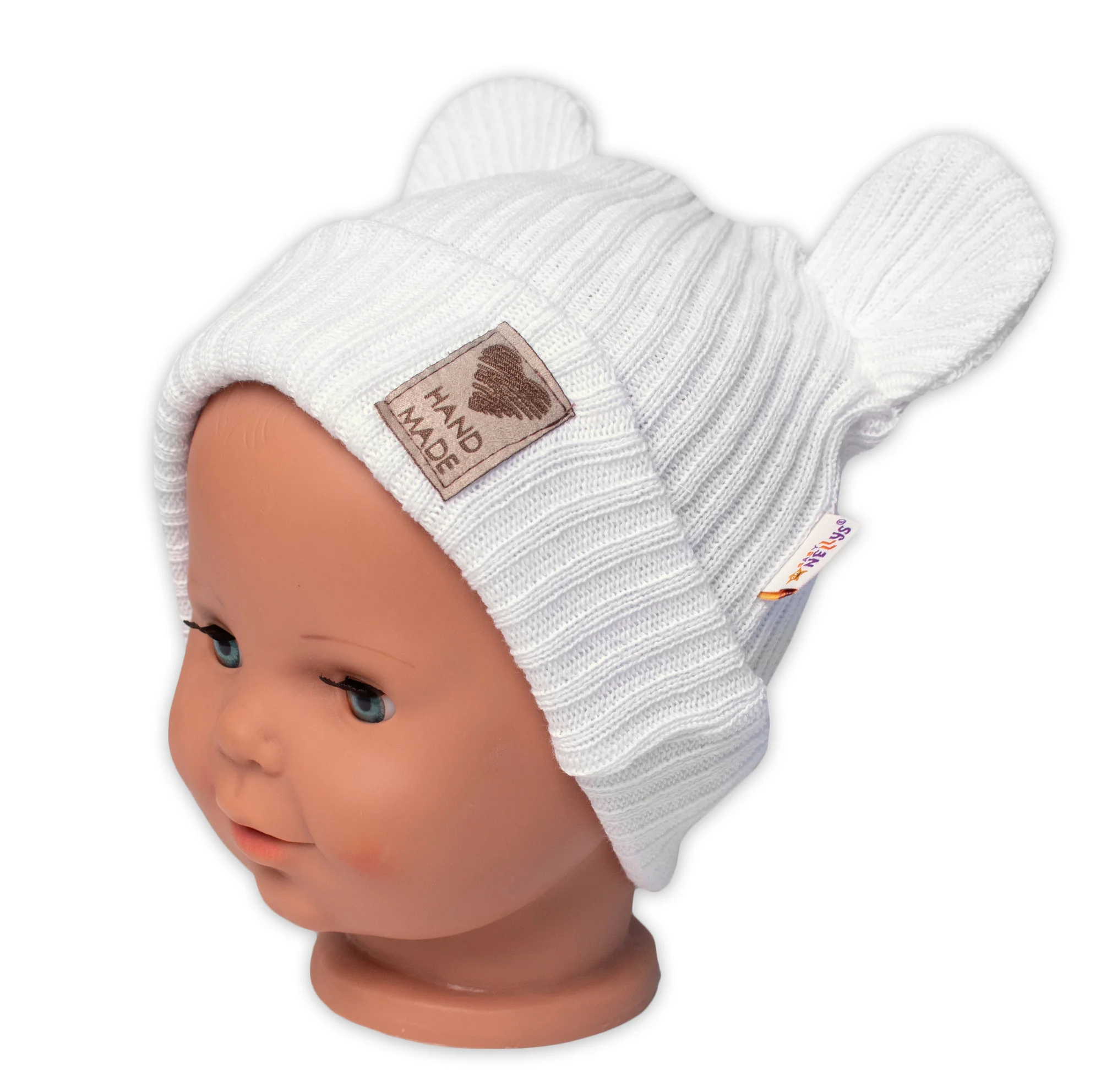 Pletená bavlněná čiapka s uškami, dvojvrstvová, Hand Made Baby Nellys, biela, veľ. 80/86