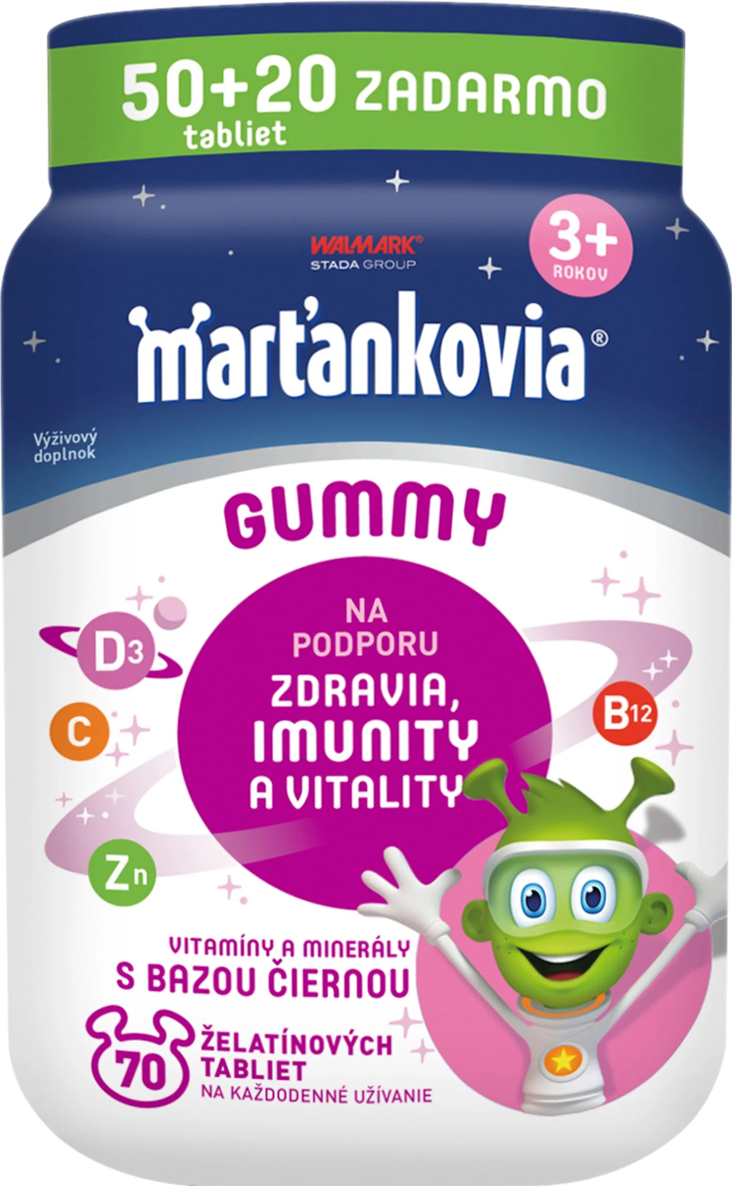 Marťankovia Gummy s bazou čiernou 50+20tbl. 1×50 tbl + 20 tbl, výživový doplnok