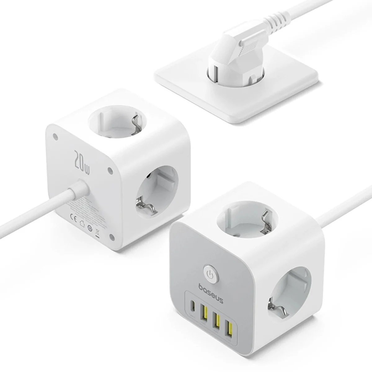 Baseus PowerCombo 7in1 nabíjačka 3x AC / 3x USB / USB-C 20W 1.5 m, bie ly