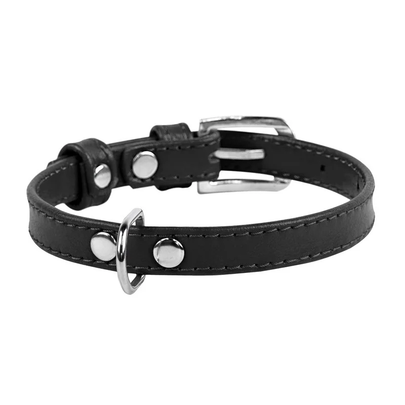 Plochý kožený obojok čiernej farby, Obvod krku: 18-21 cm, širka: 9 mm