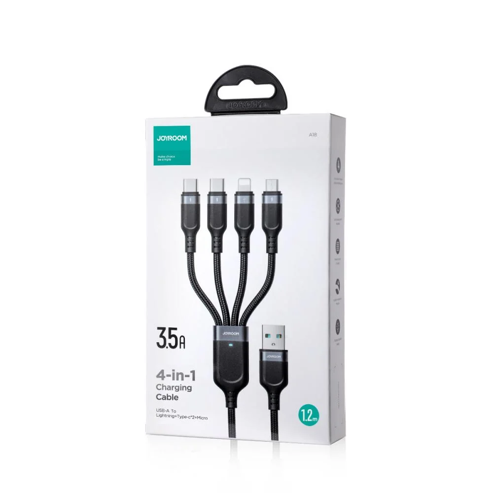 USB kábel 4v1 USB-A - 2 x USB-C / Lightning / Micro 1.2m, 3.5A, hliník, nylon