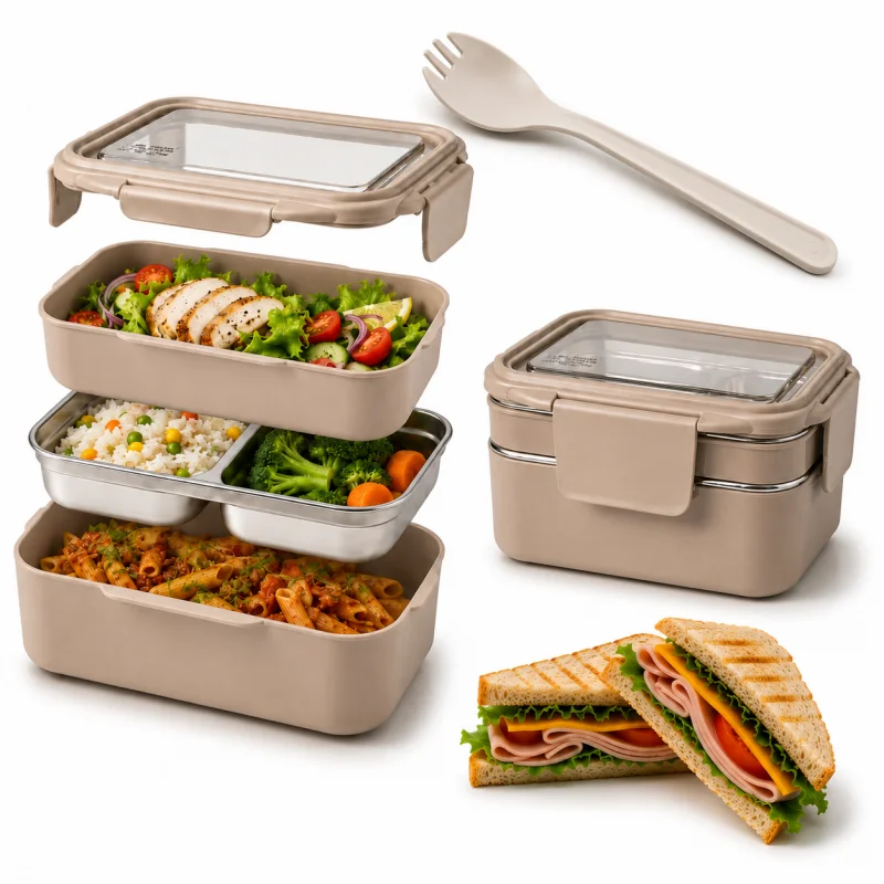 Livefy obedový box s príborom Double Lunch 1.2l, béžový