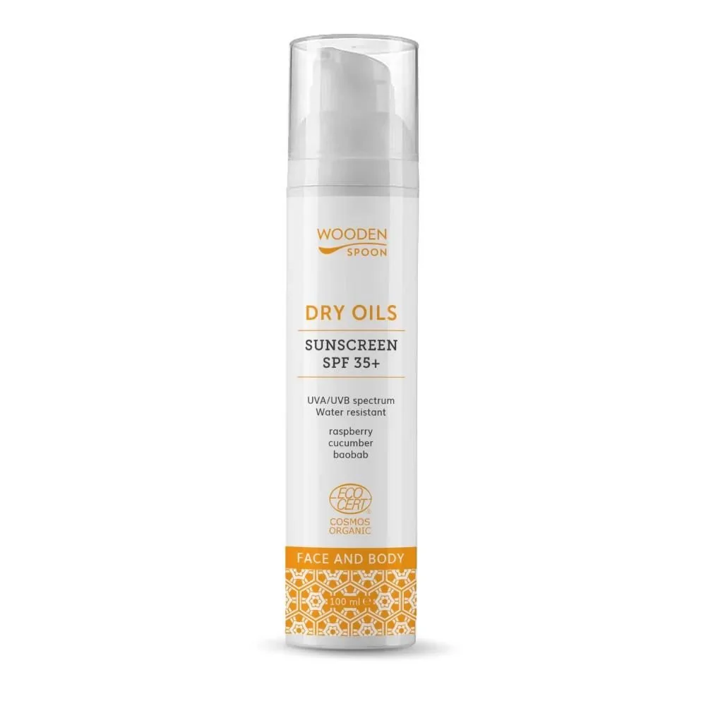 Opaľovacie mlieko na tvár a telo so suchými olejmi SPF 35+ Wooden Spoon 100ml