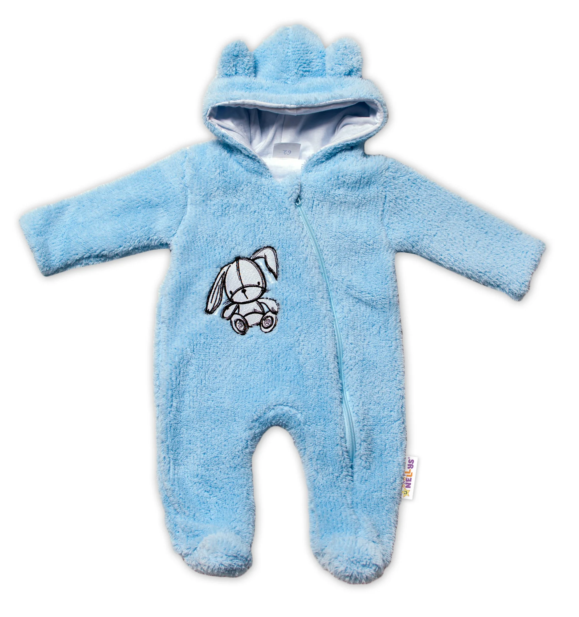 Baby Nellys Chlpáčkový overálek s kapucňou, Cute Bunny - modrý, veľ. 62 