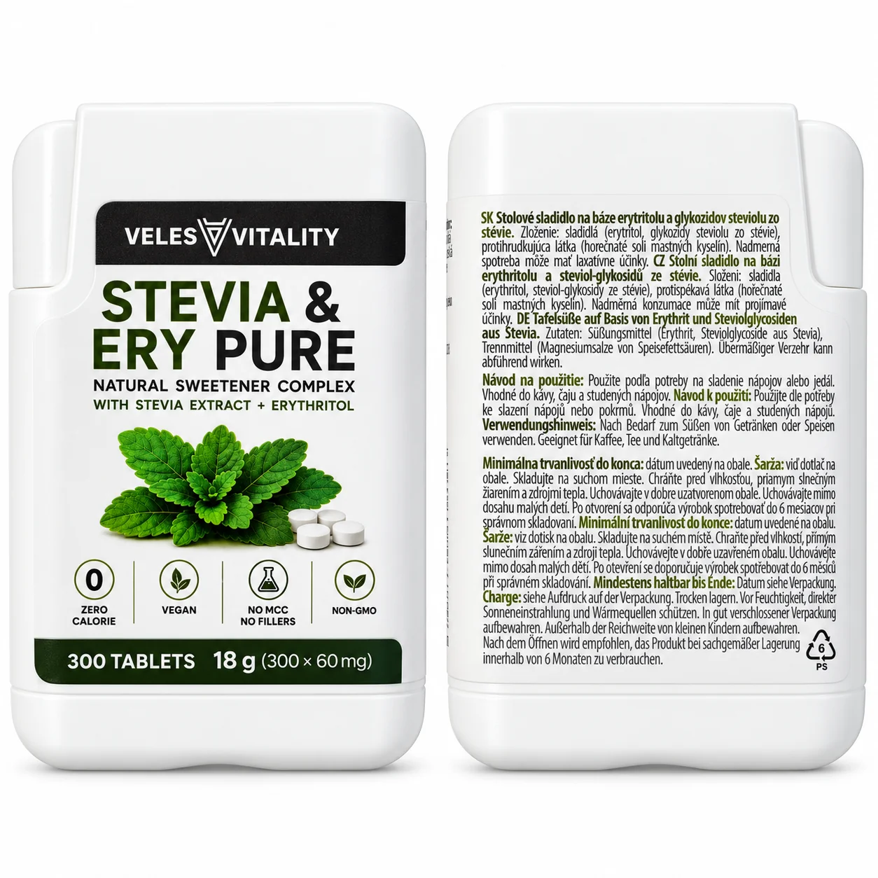 Veles Vitality STEVIA & ERY PURE sladidlo 300 tabliet Prírodné sladidlo so stéviou a erytritolom v dávkovači