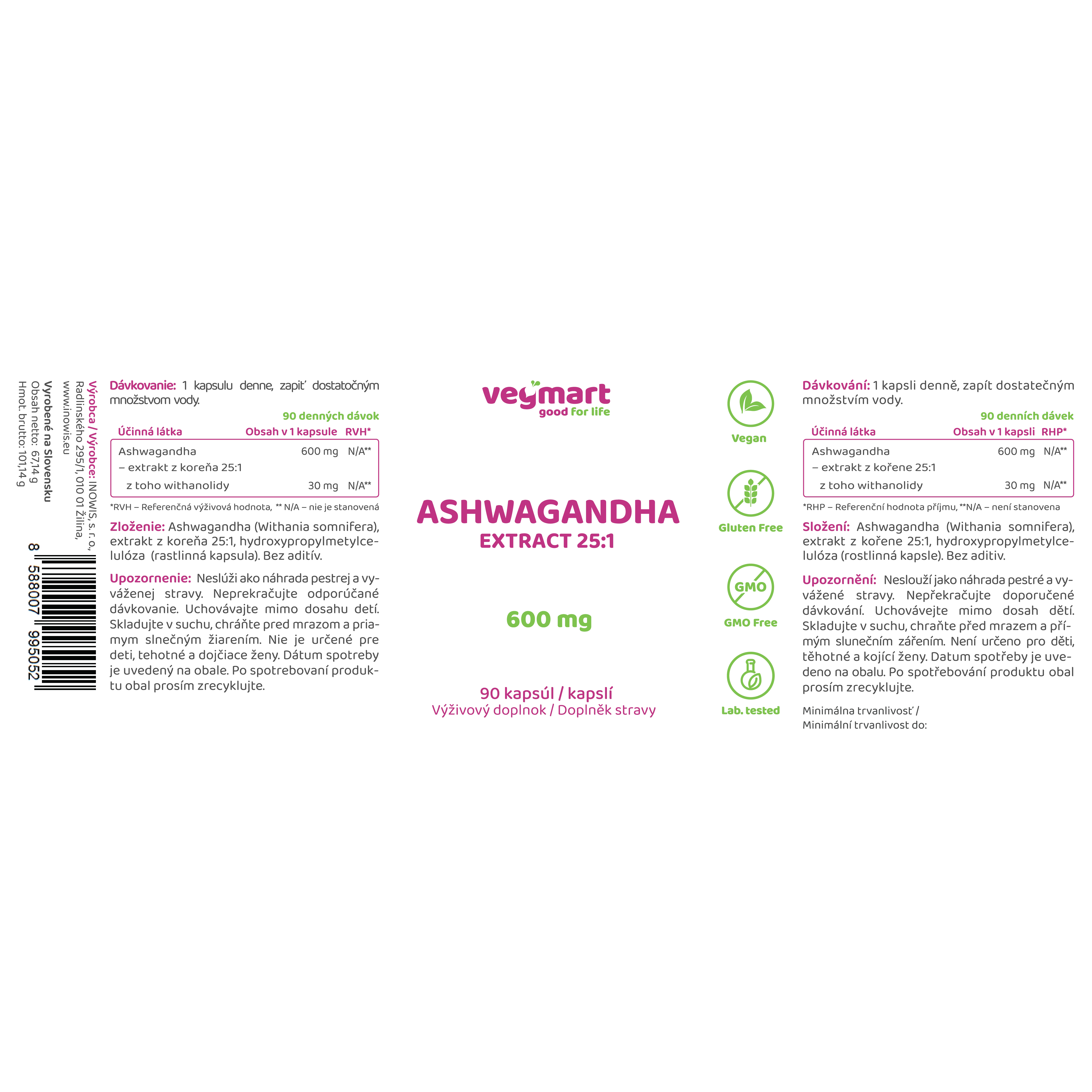 Vegmart Ashwagandha 600 mg, 90 kapsúl