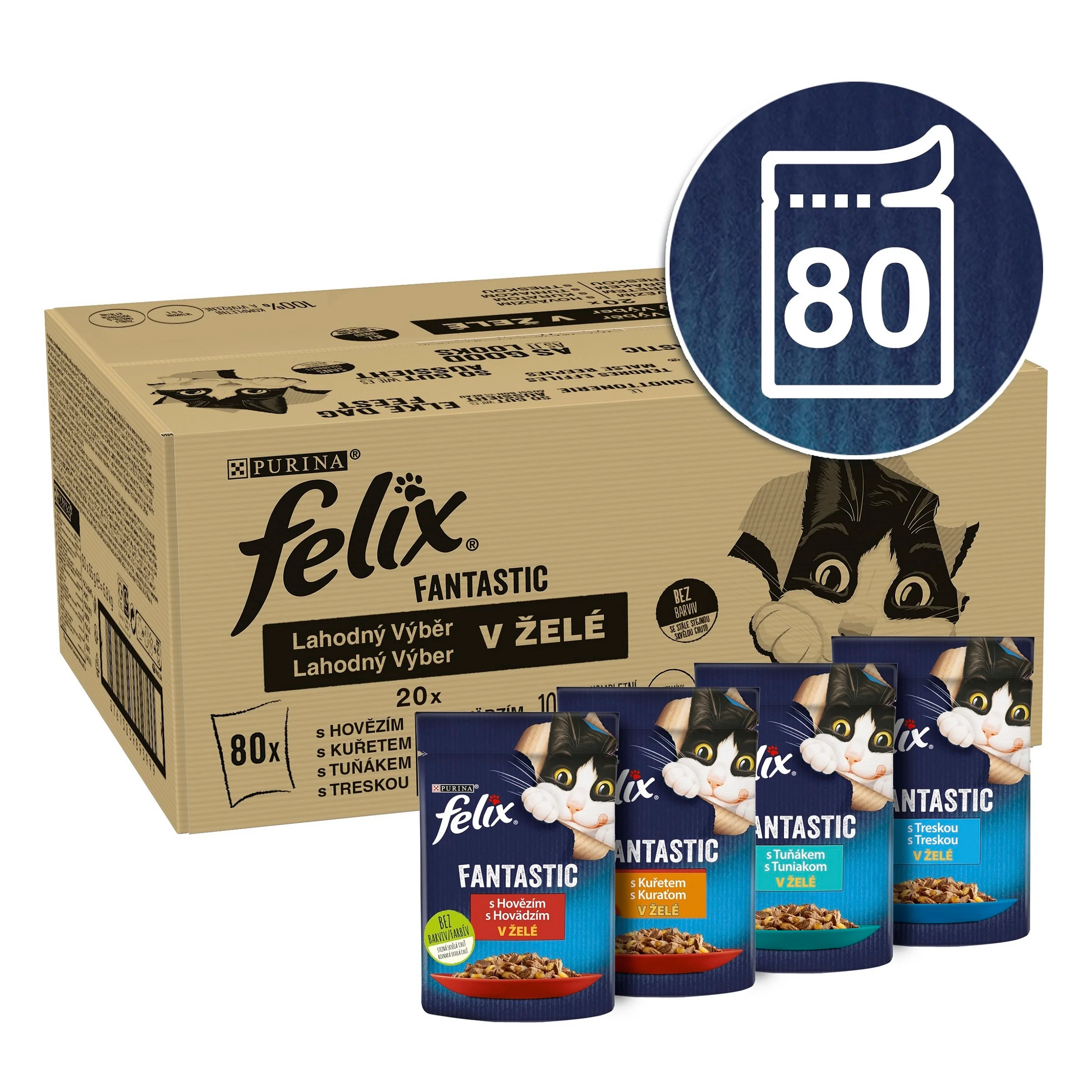 Felix Fantastic kapsičky pre mačky hovädzie, kura, tuniak, treska v želé 80×85 g 80×85 g, kapsičky pre mačky