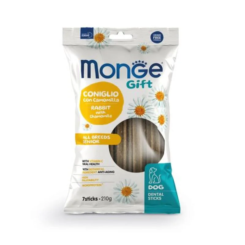 MONGE GIFT Dental Sticks All Breeds Senior 210g/7ks dentálna pochúťka pre psích seniorov s králikom a harmančekom