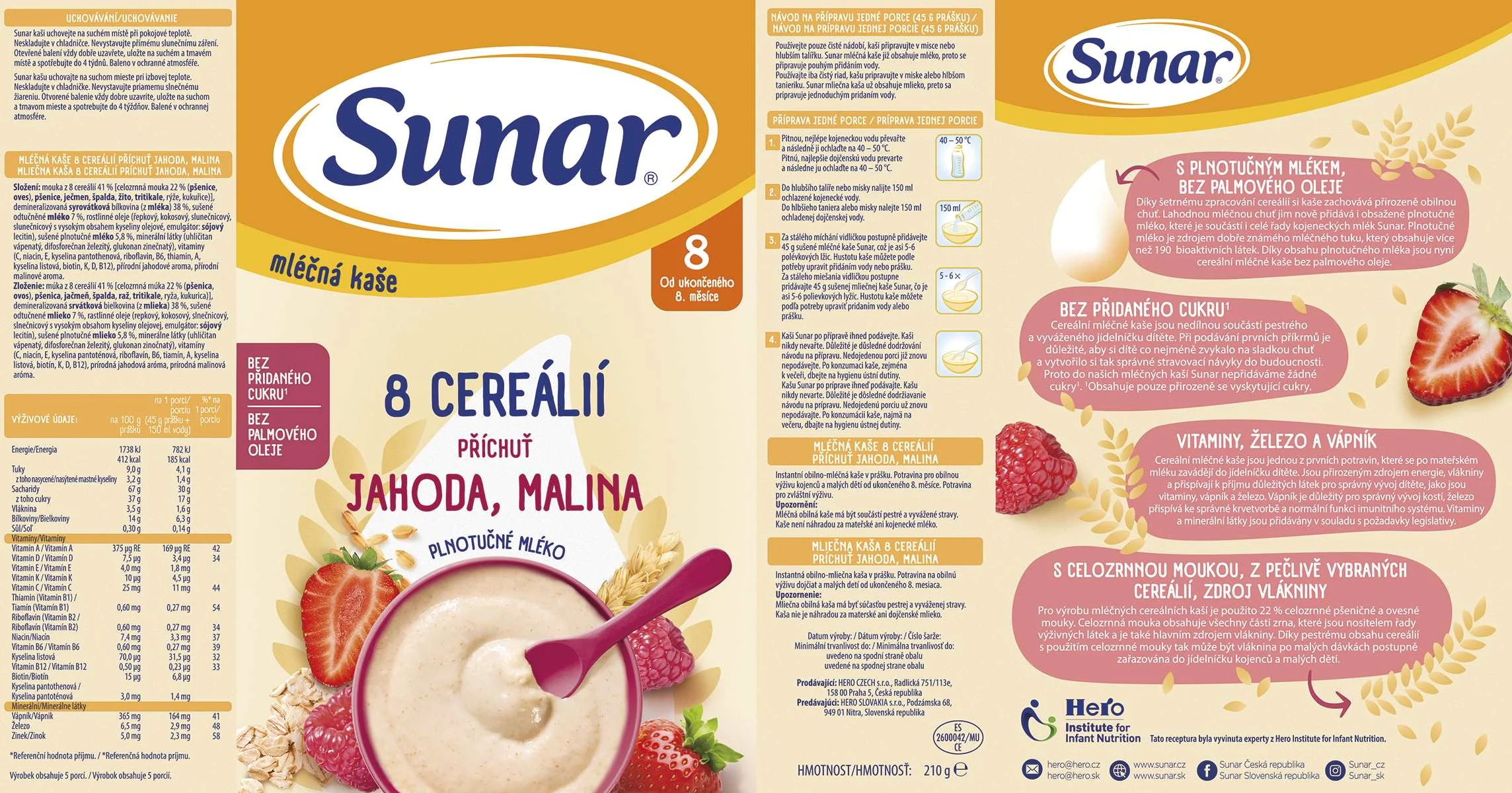 Sunar mliečna kaša 8 cereálií príchuť jahoda, malina 1×210 g, instantná, obilno-mliečna kaša, od ukončeného 8. mesiaca
