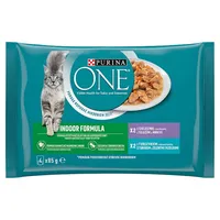 PURINA ONE Indoor mini filetky s tuniakom a zelenými fazuľkami / s teľacím a mrkvou v šťave (4x85g)