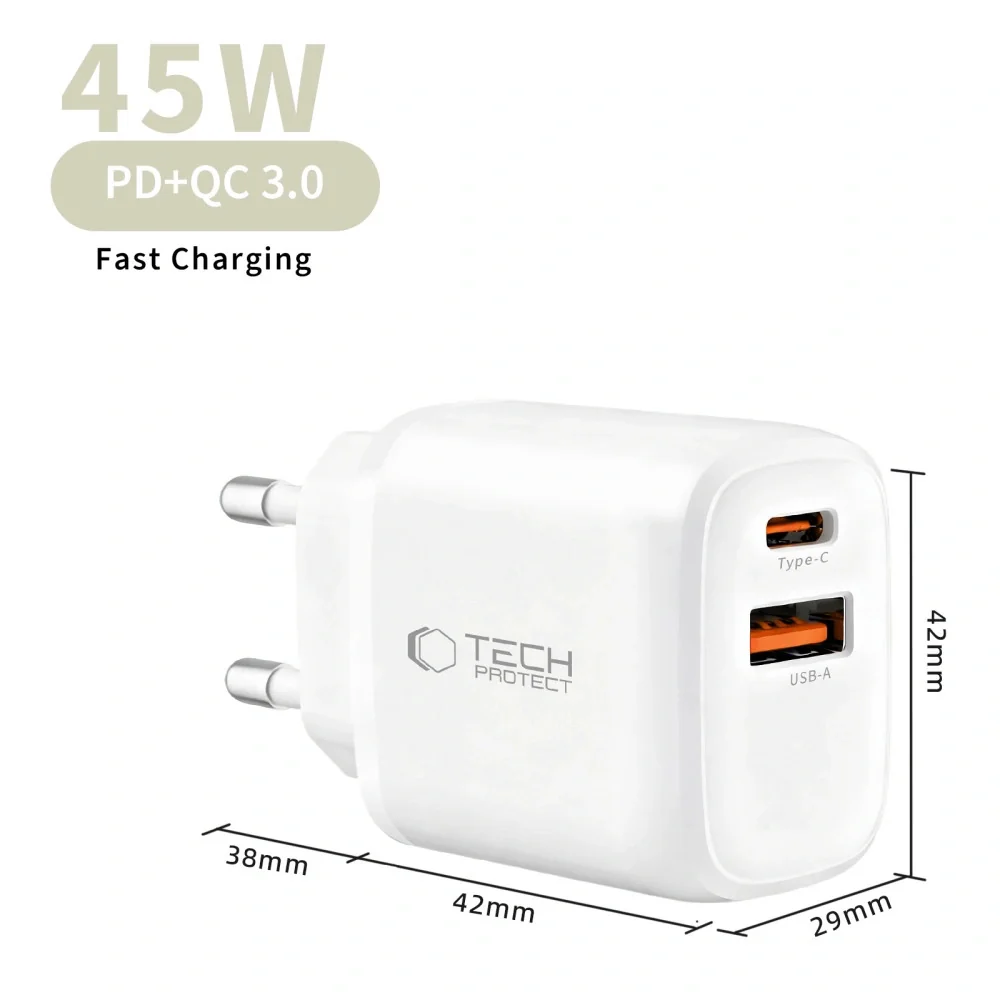 Tech-Protect NCA45W GaN sieťová nabíjačka USB / USB-C 45W PD QC + kábel Lightning, biela l Lightning, biela