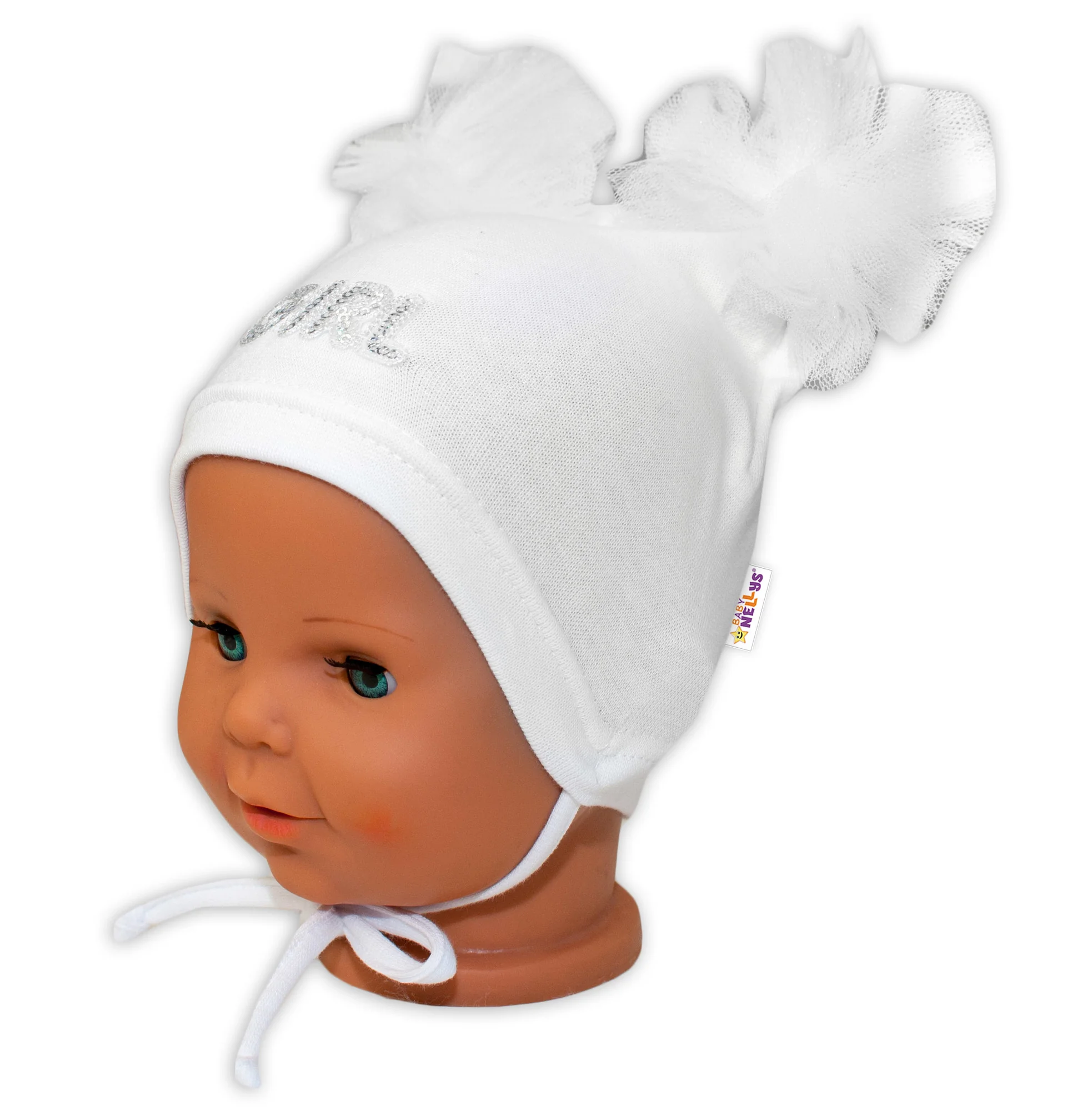 Bavlnená čiapočka na zaväzovanie Baby Nellys s mašličkami Tutu - biela, 80/86
