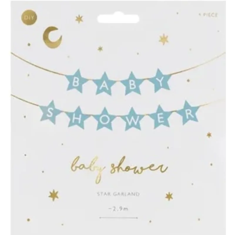 Baby shower banner svetlomodrý s hviezdičkami – 290×16,5 cm, nápis „Baby Shower“