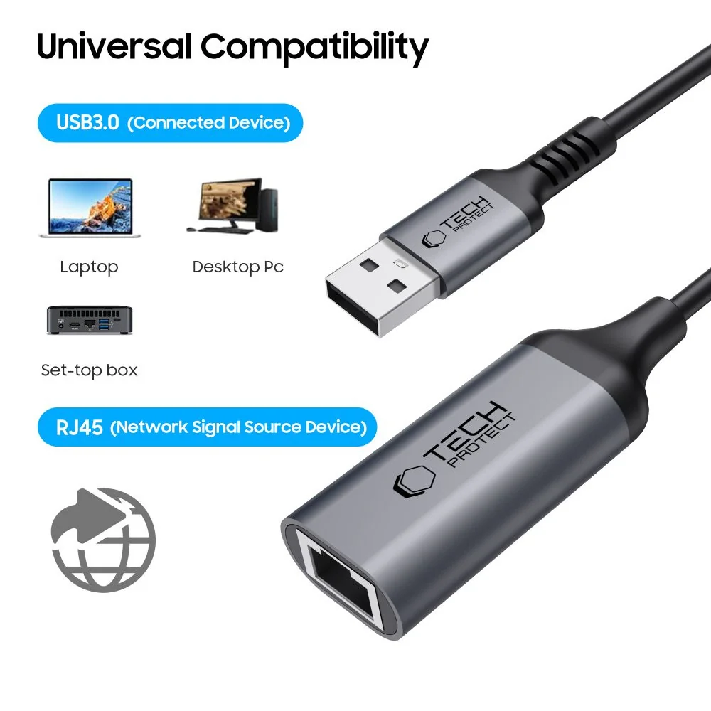 Tech-Protect Ultraboost adaptér USB 3.0 / RJ45, čierny