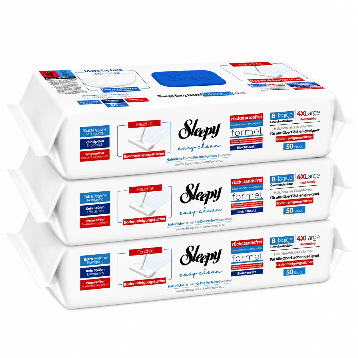 Sleepy Easy Clean vlhčené utierky na čistenie podláh na mop 4XL Bleach Additive s bieliacim účinkom a vôňou borovice 150 ks (3×50 ks)