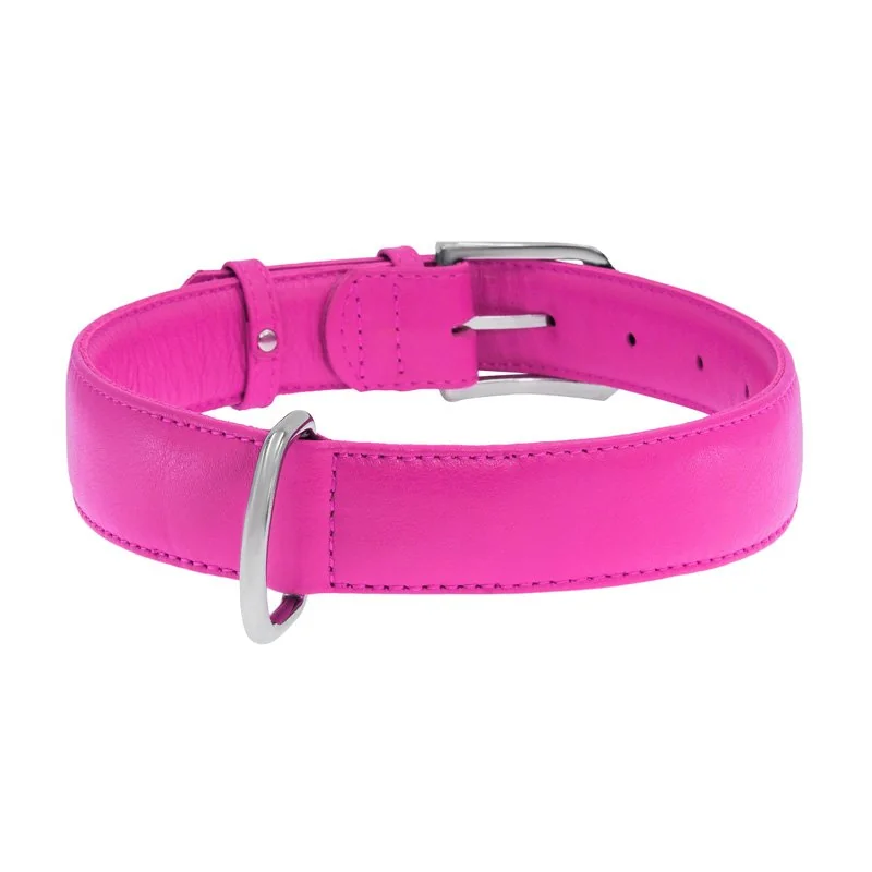 Plochý kožený obojok ružovej farby, Obvod krku: 19-25 cm, širka: 9 mm