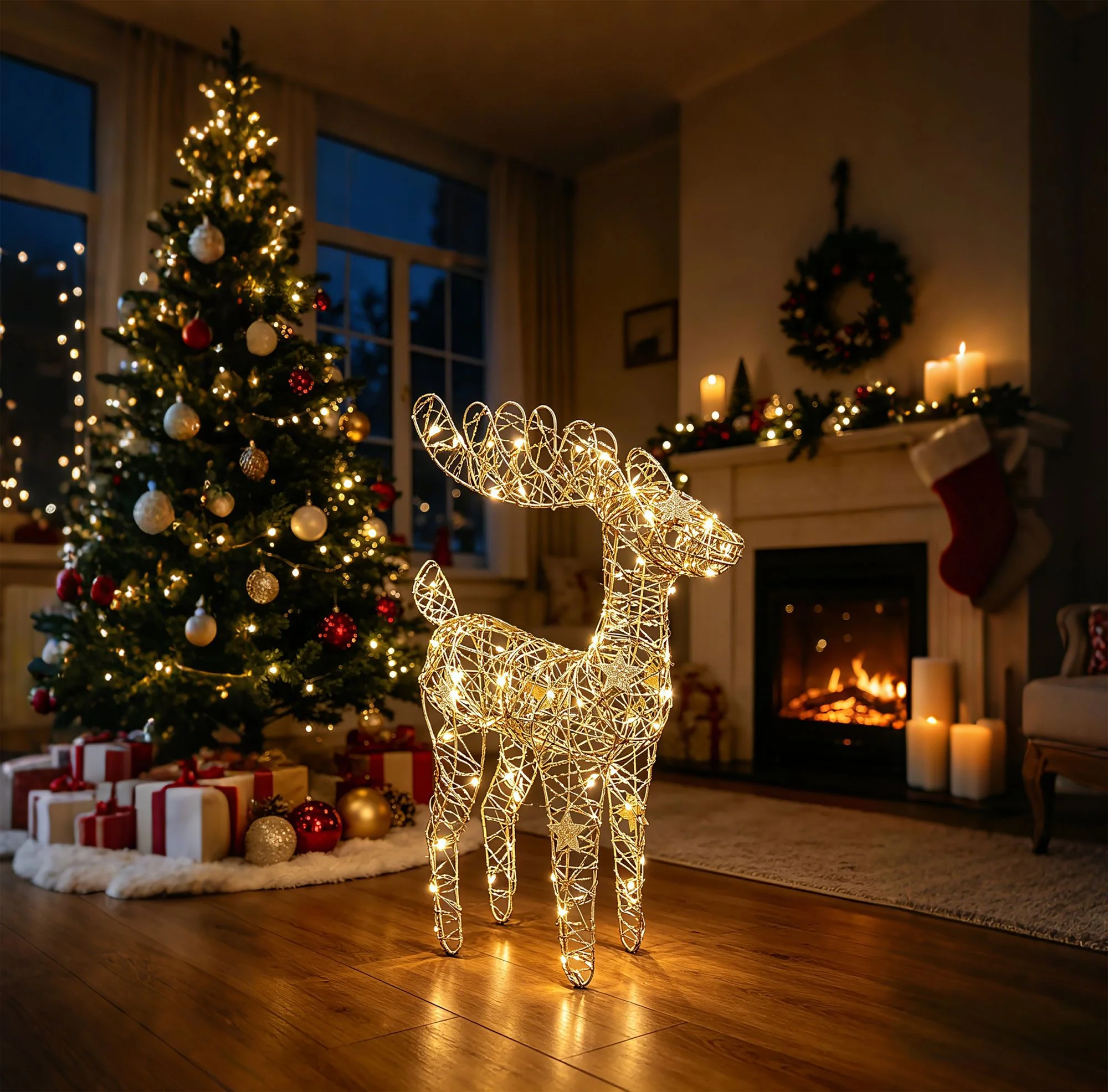 MagicHome vianočný LED jeleň, 1 ks 75 LED, teplá biela, 50 cm, 3xAA