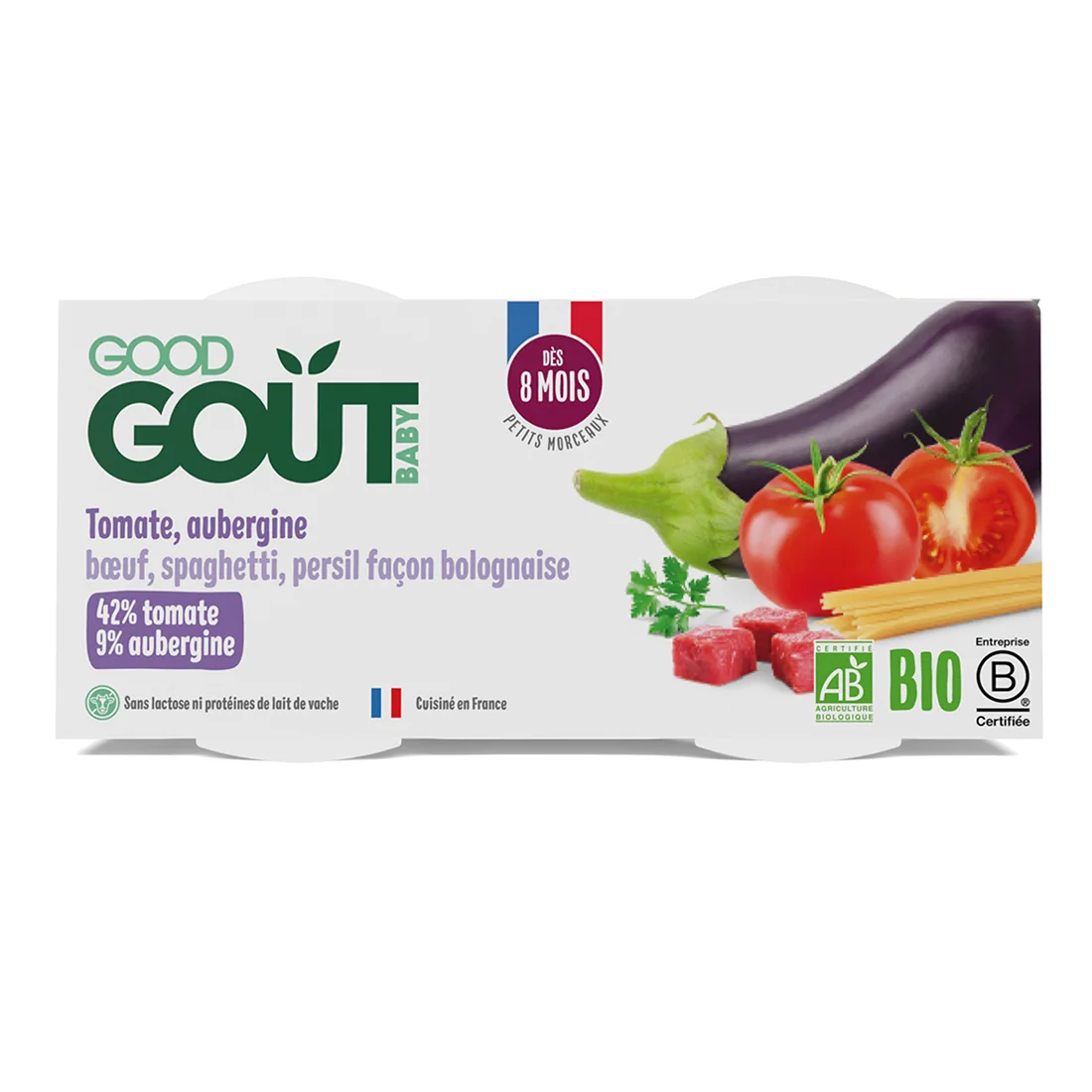Good Gout BIO Špagety s baklažánom a hovädzím mäsom 2x190 g, príkrm špagety s baklažánom a hovädzím mäsom