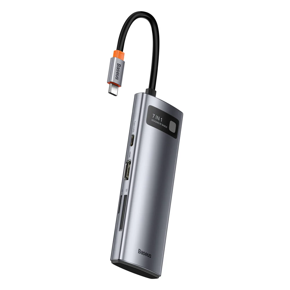 Baseus Metal Gleam HUB adaptér USB-C - 2x USB, HDMI, TF, šedý