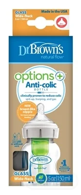 Dr.BROWN´S DOJČENSKÁ FĽAŠA OPTIONS+ 150 ml 1×1 ks, wide-neck, 0M+, anti-colic, sklenená, biela