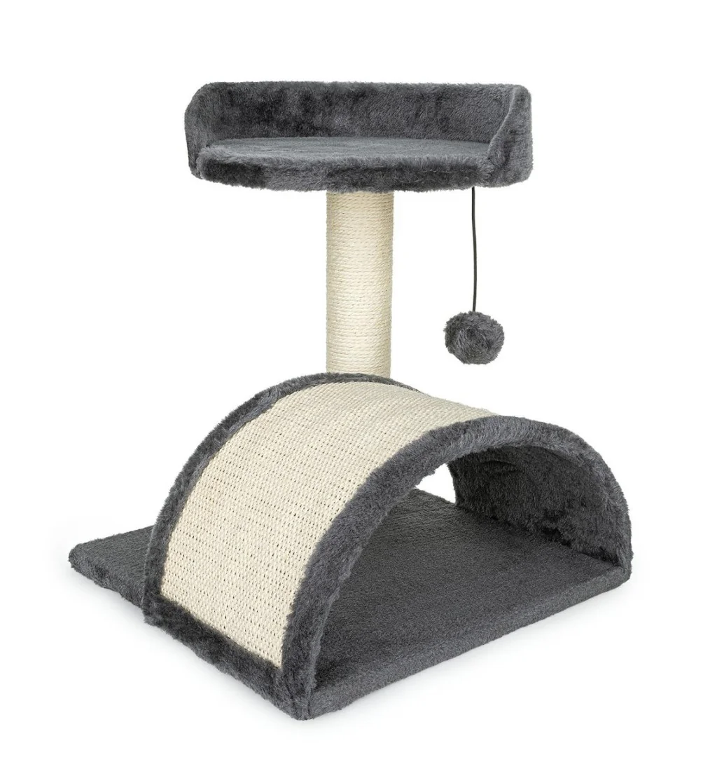 Škrabadlo pre mačky s úkrytom a guličkou na šnúrke 42 cm – MDF, sisal, tmavo sivá