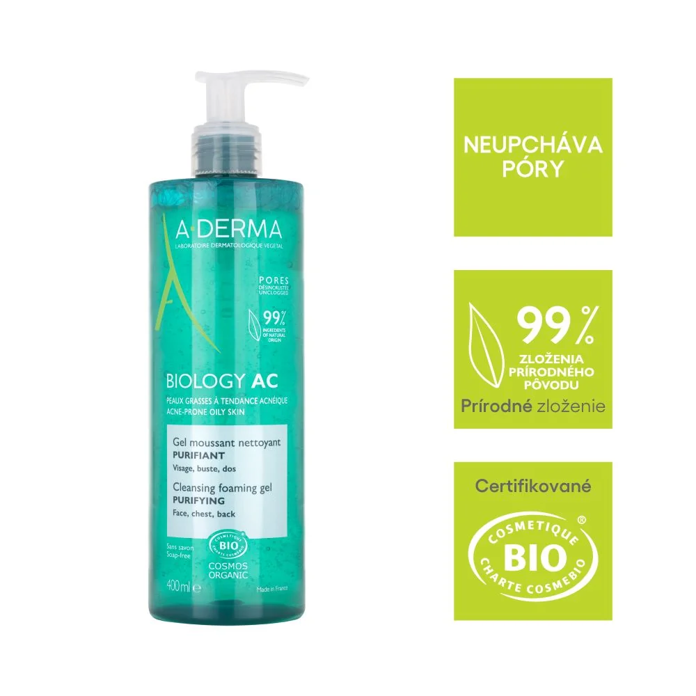 A-DERMA BIOLOGY AC Čistiaci penivý gél na pleť so sklonom k akné 1×400 ml gél, čistiaci gél na pleť