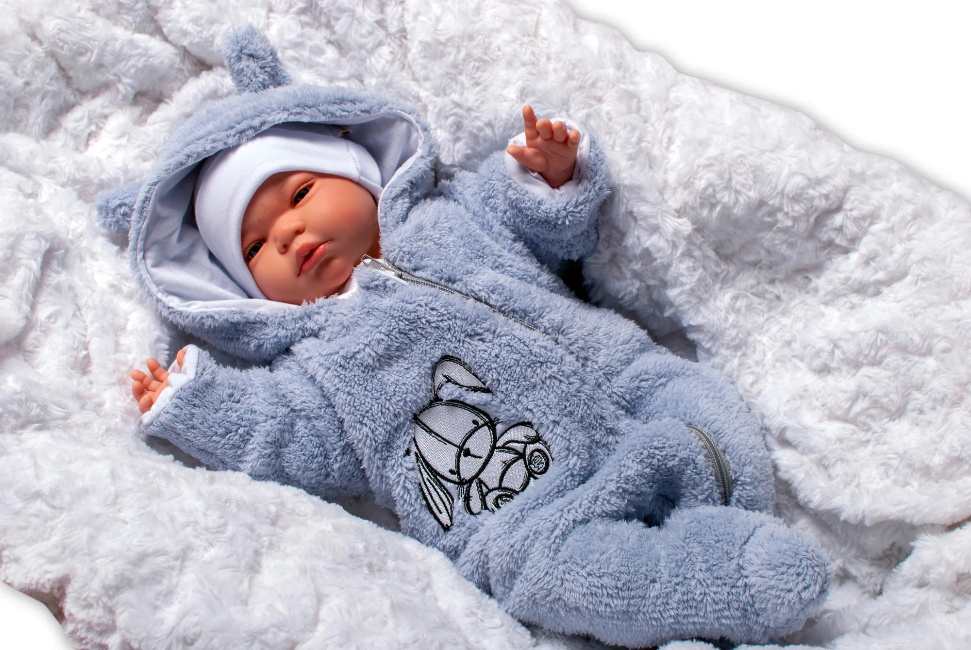 Baby Nellys Chlpáčkový overálek s kapucňou, Cute Bunny - modrý, veľ. 68