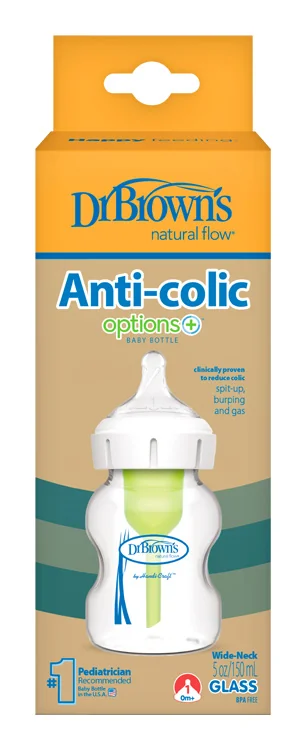 Dr.BROWN´S DOJČENSKÁ FĽAŠA OPTIONS+ 150 ml 1×1 ks, wide-neck, 0M+, anti-colic, sklenená, biela
