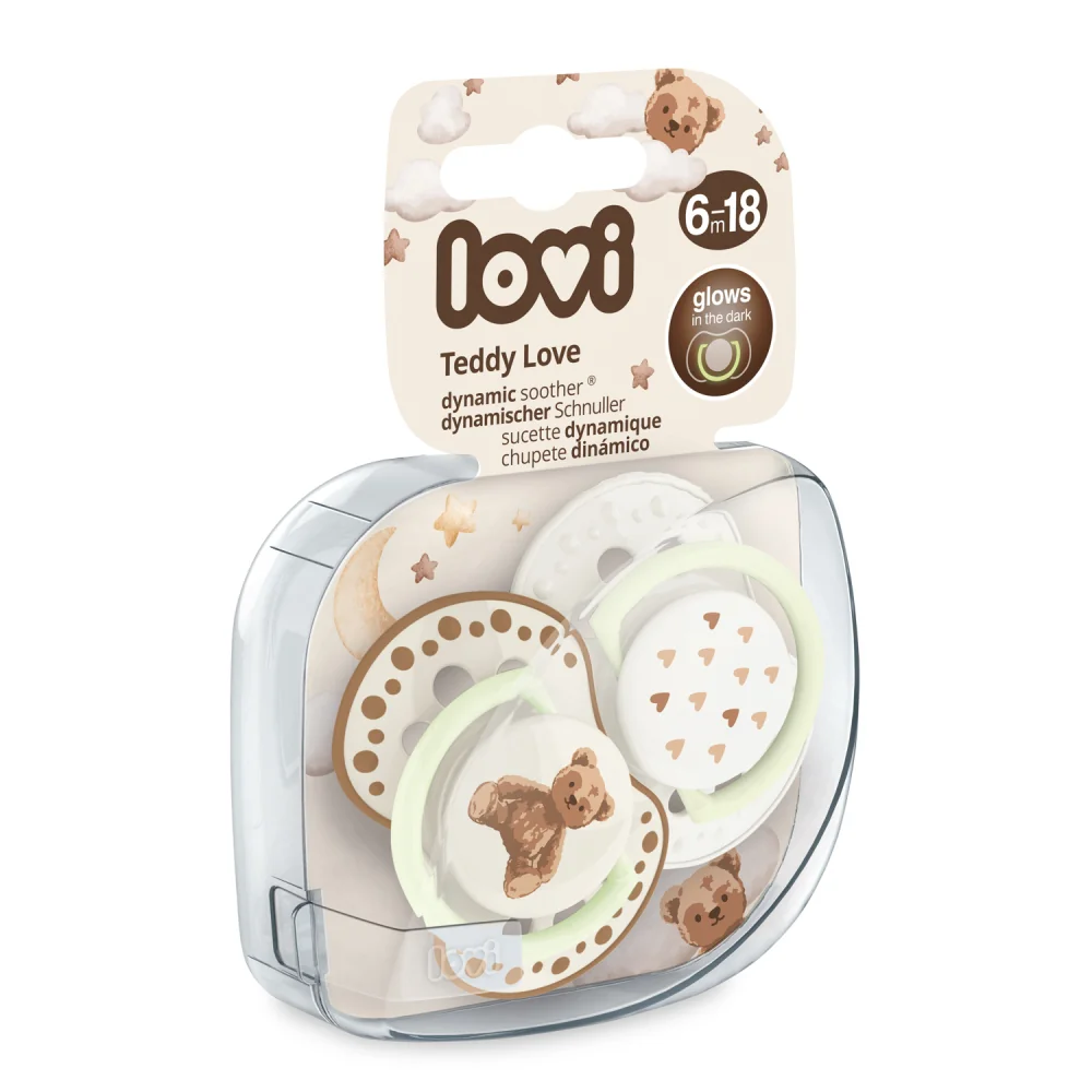 LOVI Cumlík svietiaci silikónový dynamický TEDDY LOVE 6-18m 2ks 2 ks