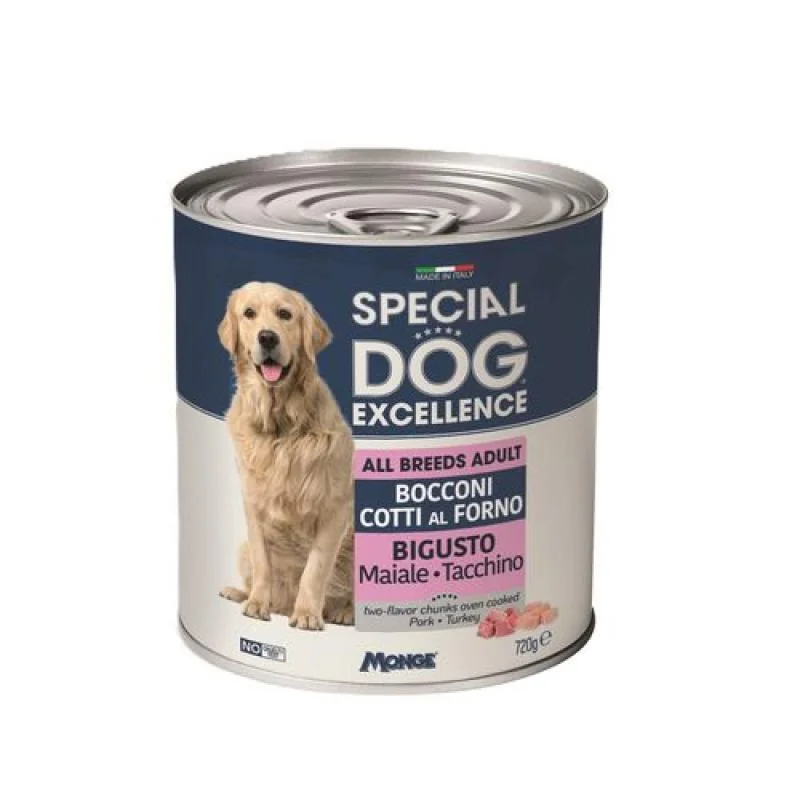 MONGE SPECIAL DOG EXCELLENCE pečené kúsky v šťave s bravčovým a morčacím mäsom pre psov 720g
