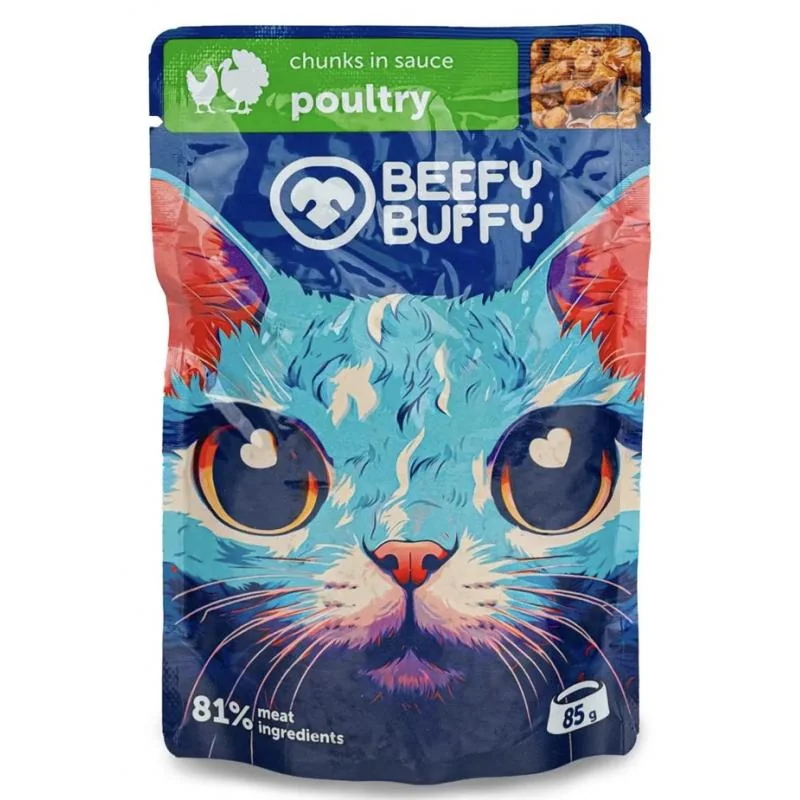 BEEFY BUFFY kapsičky pre mačky mäsové hydinové kúsky v omáčke 24x85g