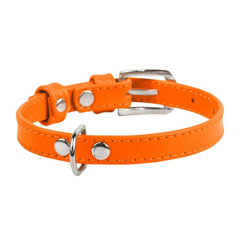 Plochý kožený obojok oranžovej farby, Obvod krku: 21-29 cm, širka: 12 mm