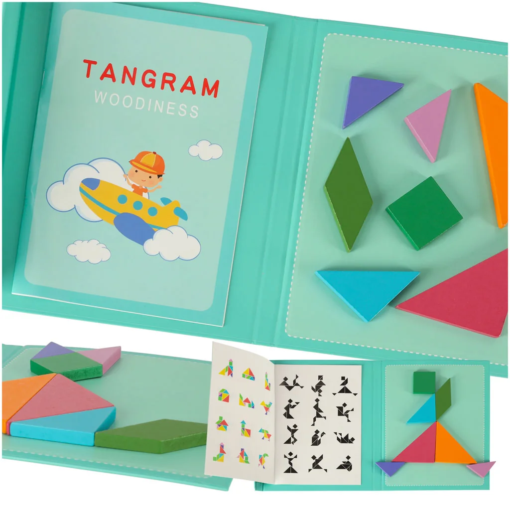 Montessori magnetická kniha Tangram 3D puzzle bloky – logická hra pre deti