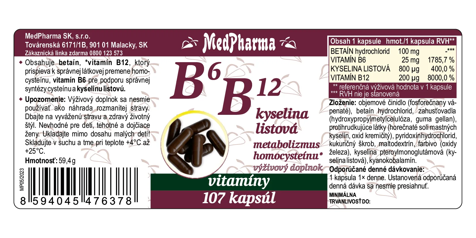 MedPharma B6 B12 + kyselina listová 1×107 cps, výživový doplnok